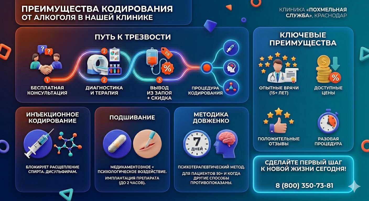 Инфографика о методах кодирования от алкоголя в Волгодонске: инъекции, подшивание, метод Довженко. Преимущества клиники и этапы лечения.