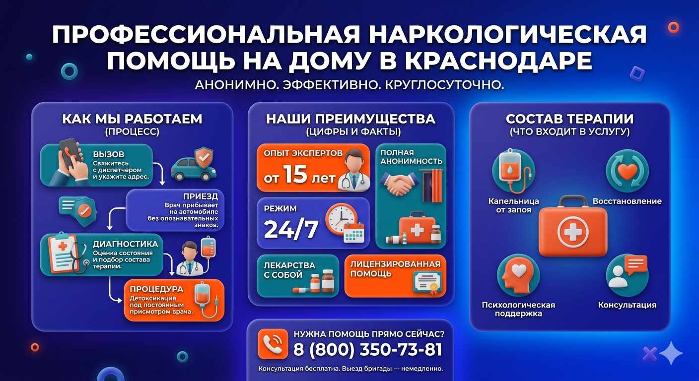 Инфографика о принципах лечения алкоголизма на дому в Волгодонске: этапы вызова нарколога, преимущества анонимной детоксикации и состав медицинской помощи.